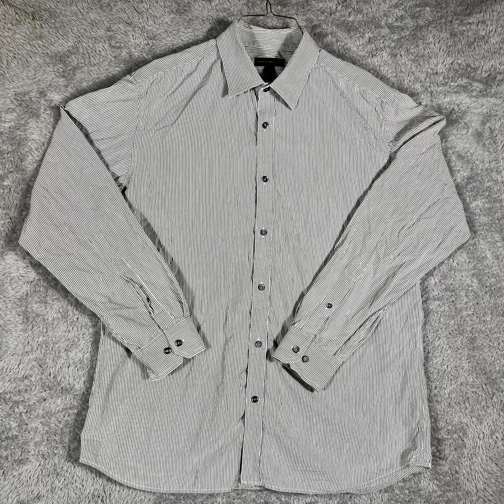 Banana Republic Dress Shirt Mens 17-17.5 Gray White Striped Cotton Business